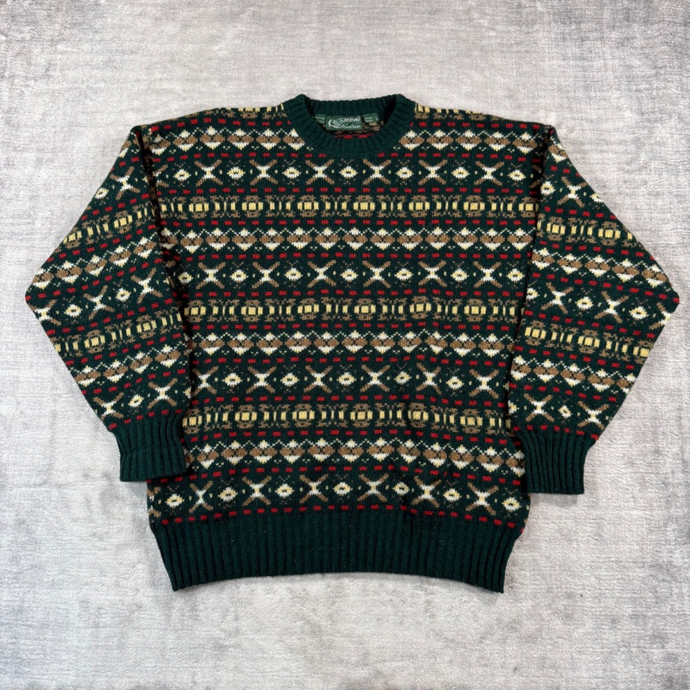 Old River Fair Isle Sweater Mens Medium Green Vtg Italy Geometric Knit Pullover